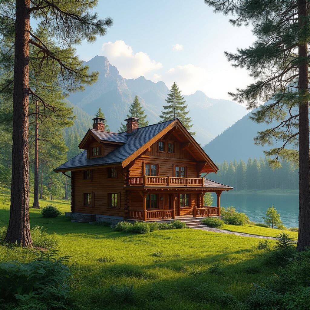 Serene Mountain Lake House Surrounded by Pine Trees