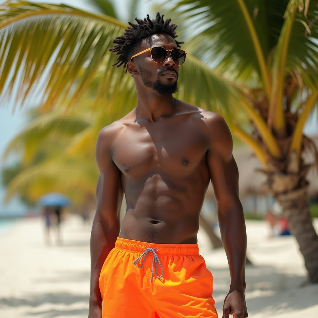 West Indian Man in Swim Trunks, Photorealistic Style