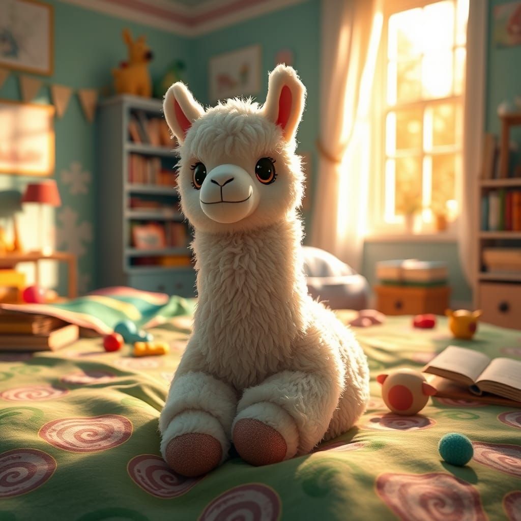Plush Llama Toy in Cozy Pastel Bedroom
