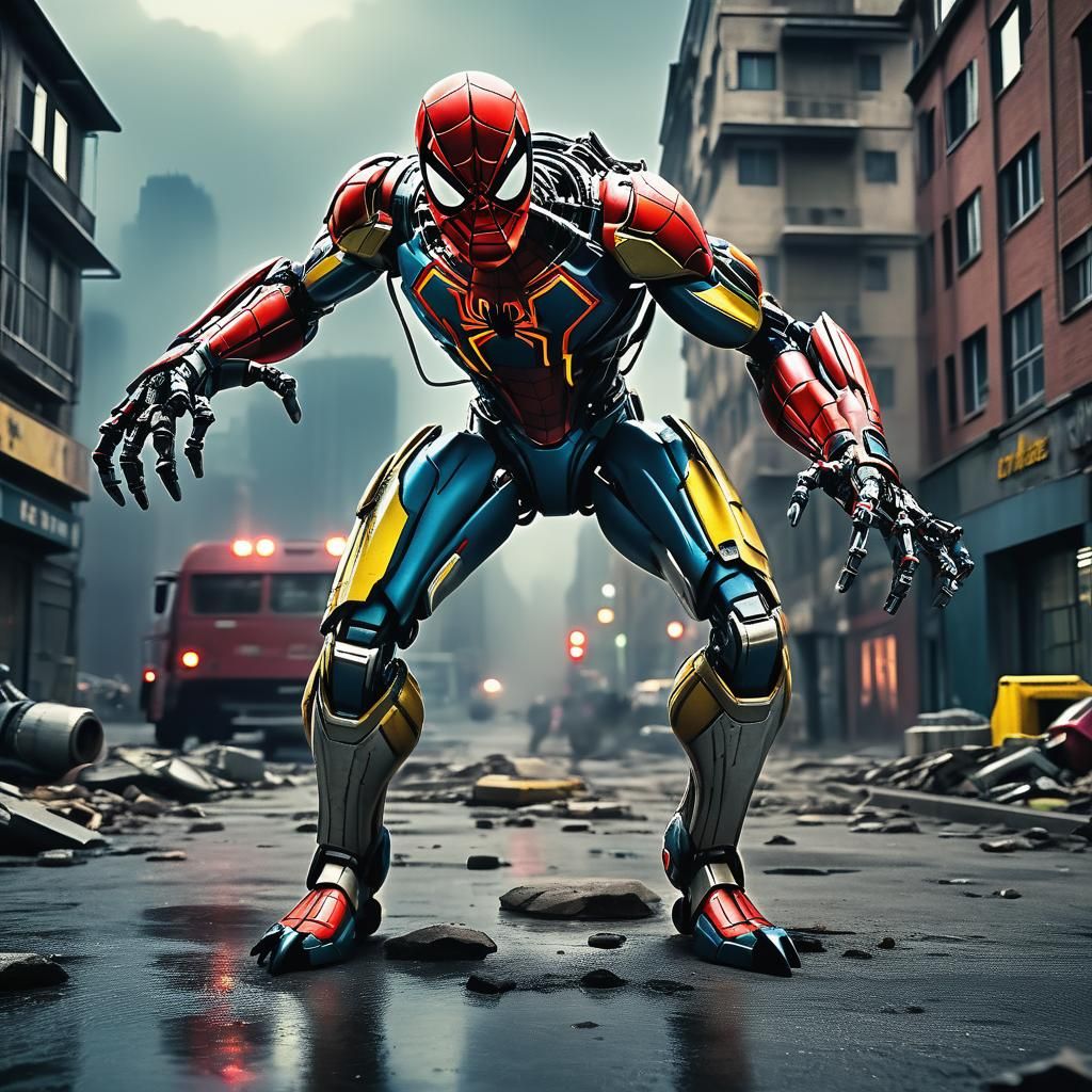 Cyberpunk Robot Descends Upon Urban Landscape