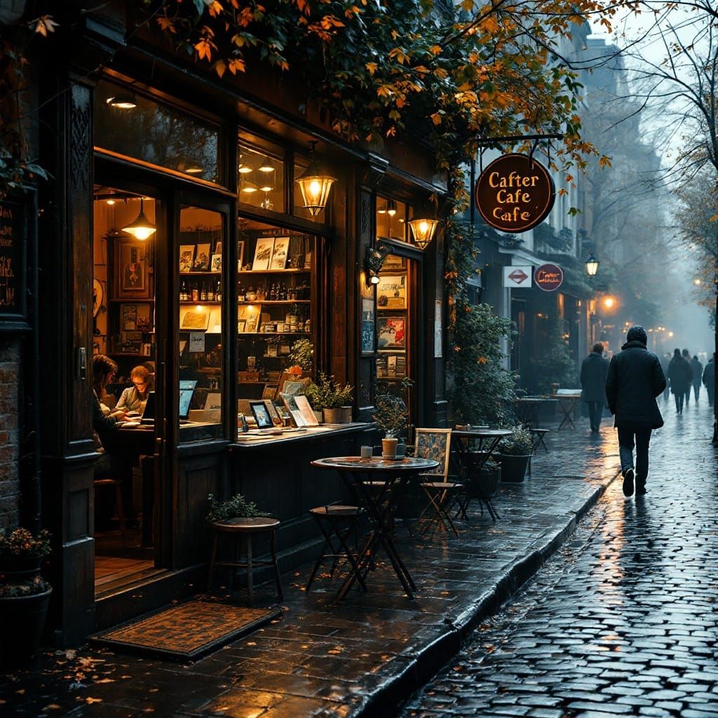 Whimsical European Cafe Scene in Golden Light