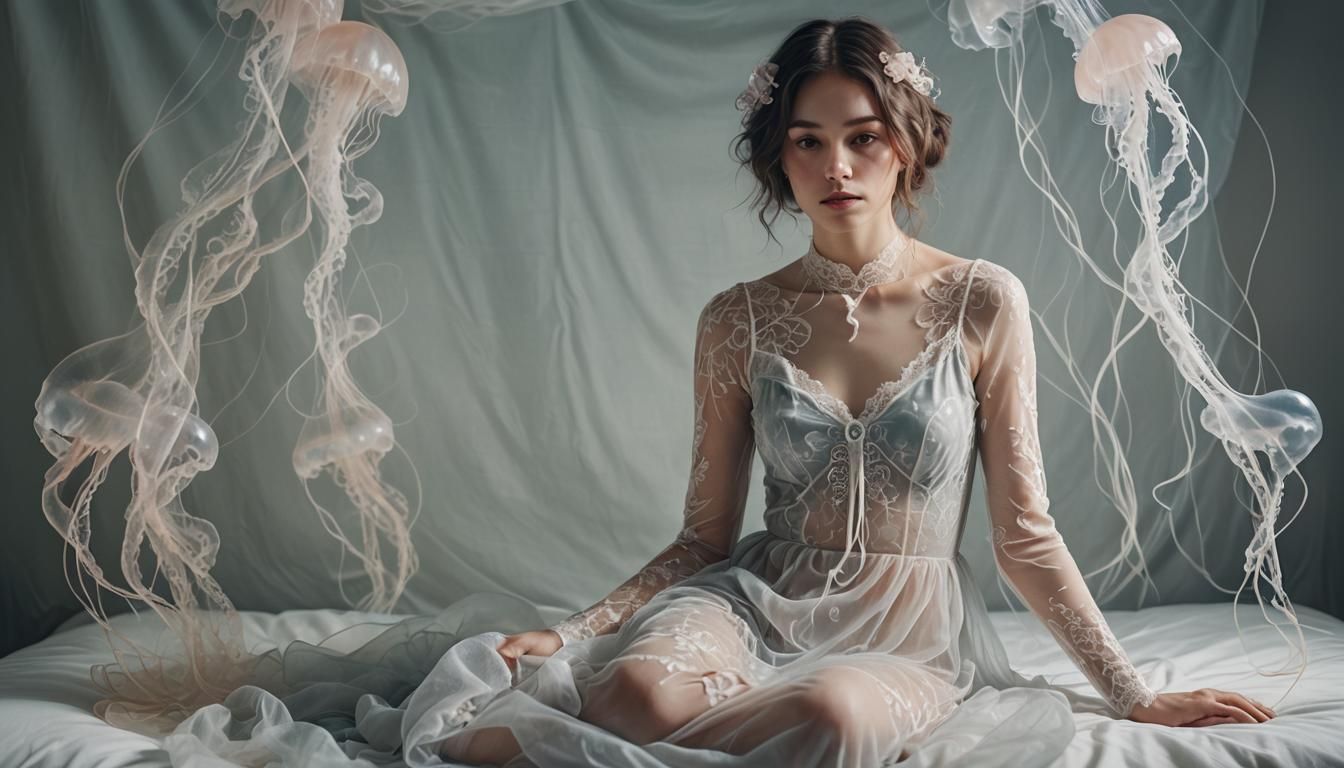 Surreal Woman in Jellyfish Nightgown: Digital Art