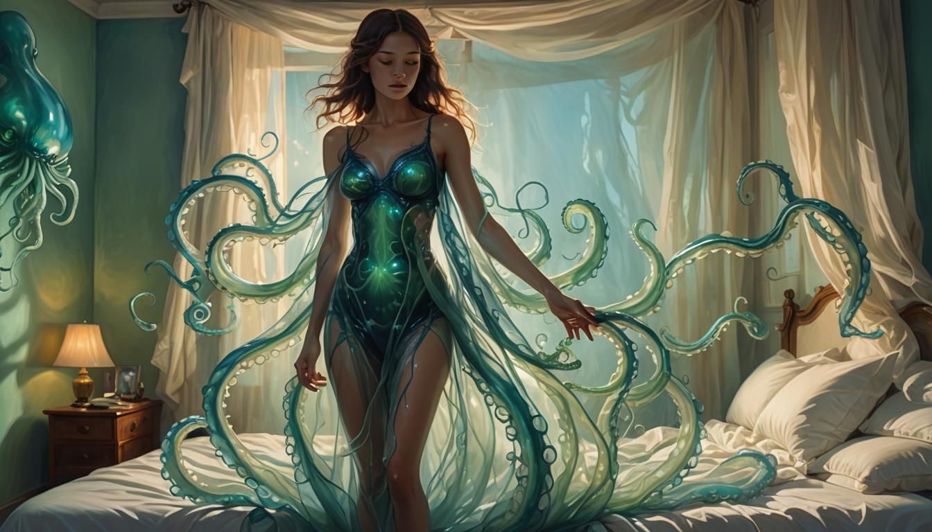 Woman in Bioluminescent Octopus Nightgown, Oil Painting