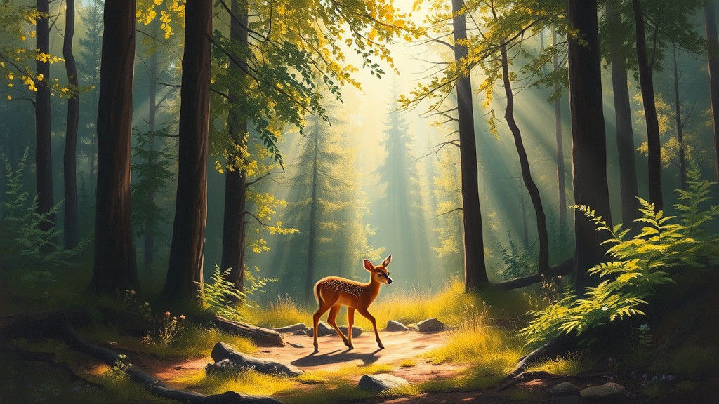 Tranquil Forest Glade with Fawn, in Impressionist Style