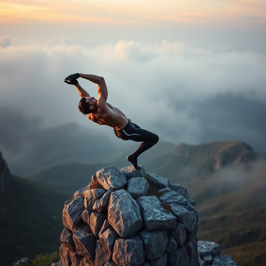 Athlete Executes Planche on Ancient Stone Tower at Dusk