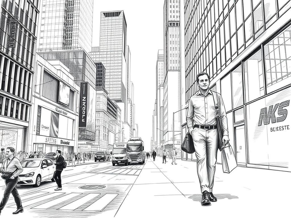 Businessman Blends into City: Pencil Sketch and Photo