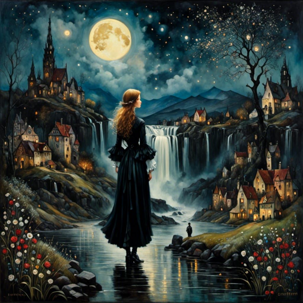 Surreal Starry Waterfall Painting in Naive Style