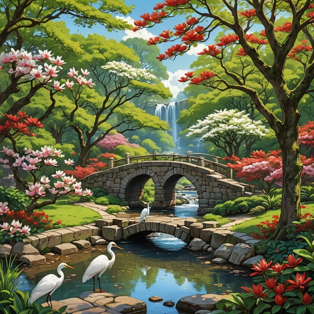 Red Magnolia Trees Frame a Stone Bridge