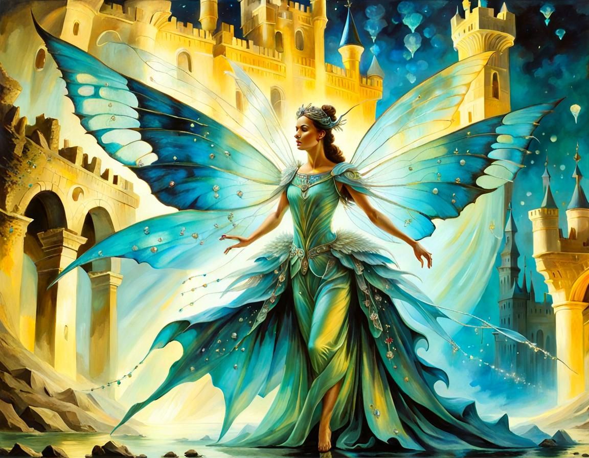 Bioluminescent Pixie Emerges from Surreal Castle
