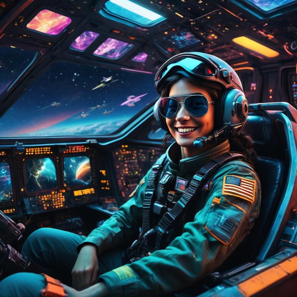 Female Pilot Laughing in Space Fighter at Warp Speed