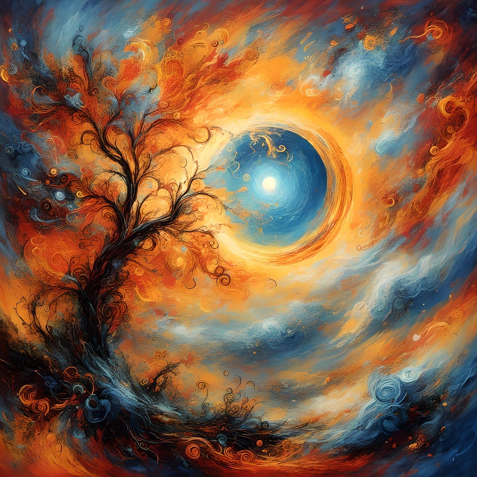 Radiant Sun in Abstract Sky: Neo-Impressionist Painting