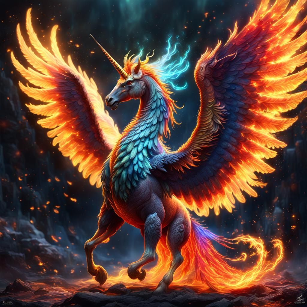 Phoenix Unicorn Hybrid in Detailed Matte Painting