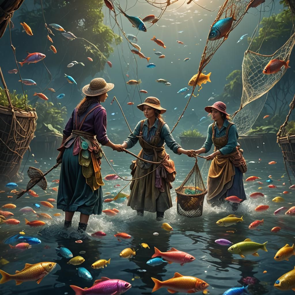 Women Fishing: Hyperrealistic Dark Fantasy Art