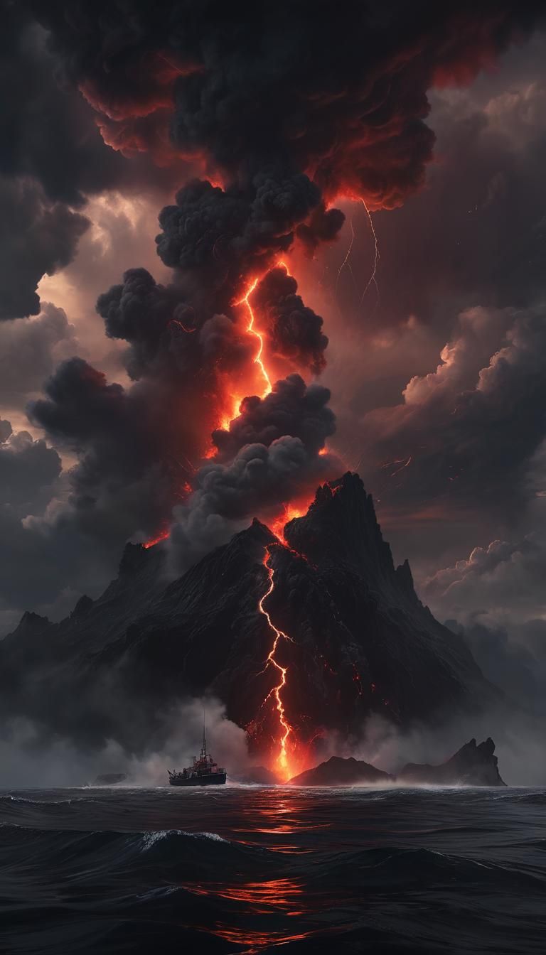 Volcanic Eruption at Sea: Oil Painting Masterpiece