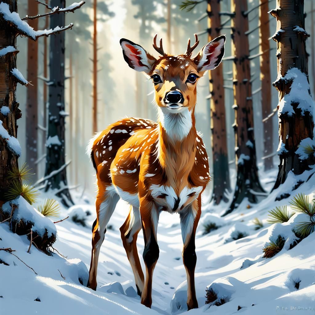 Adorable Fawn in Snowy Forest: Matte Painting
