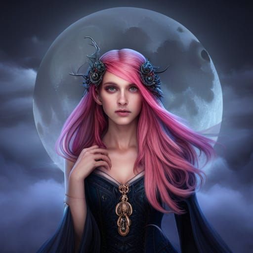 Pink-Haired Witch with Cat Eyes and Full Moon
