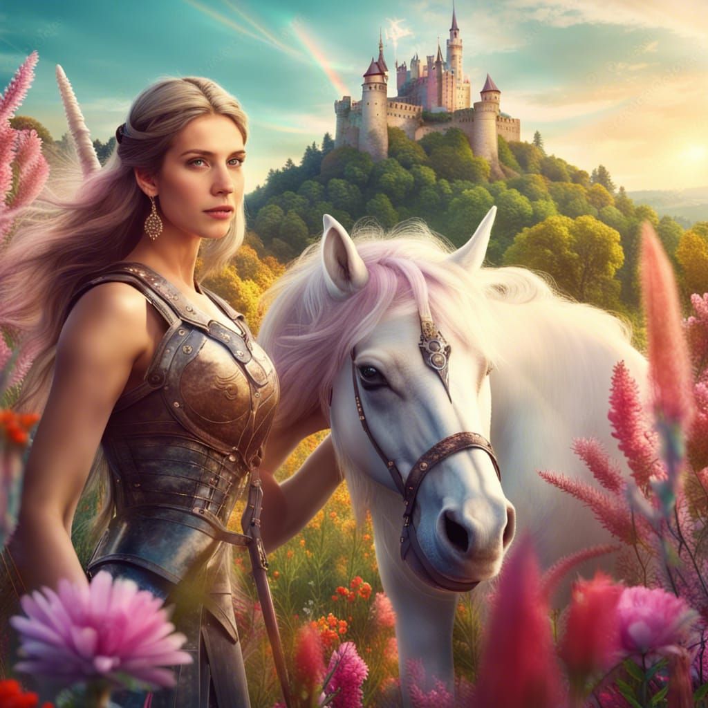 Female Warrior Selfie with Unicorn, Fantasy Art