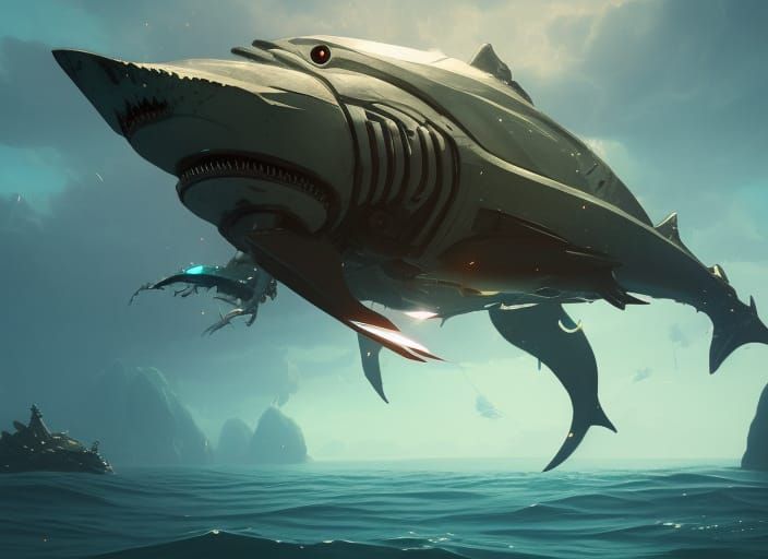 Futuristic Robot Shark in Ocean, Digital Art