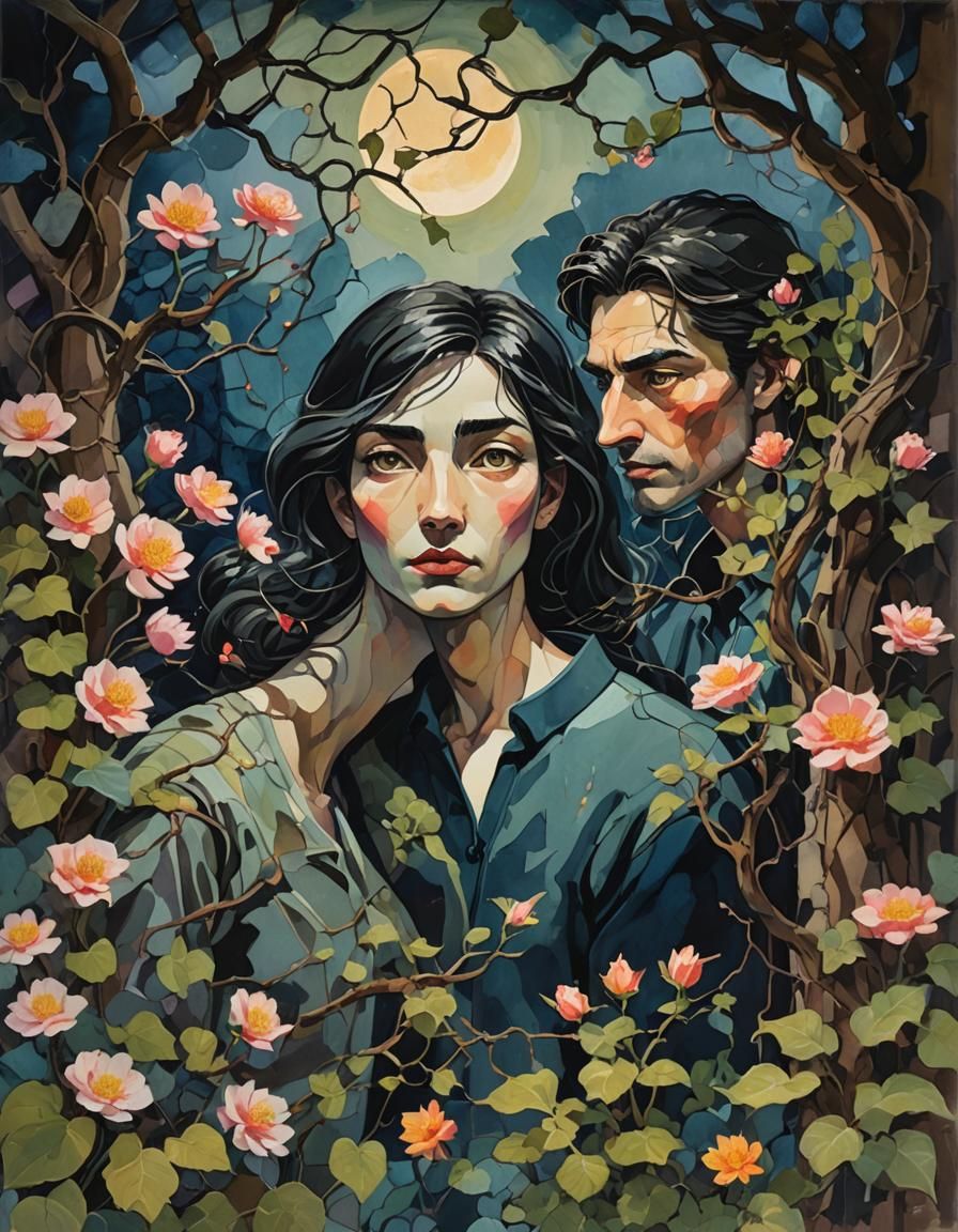 Passionate Encounter in Moonlit Garden as Impasto Painting