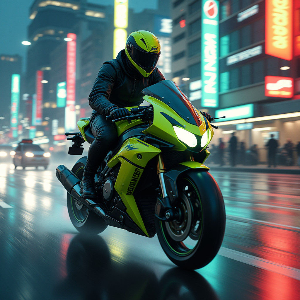 Futuristic Courier on High-Tech Motorcycle in Cyberpunk City