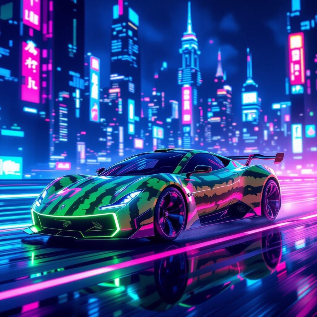 Cyberpunk Watermelon Vehicle Races Through Neon City