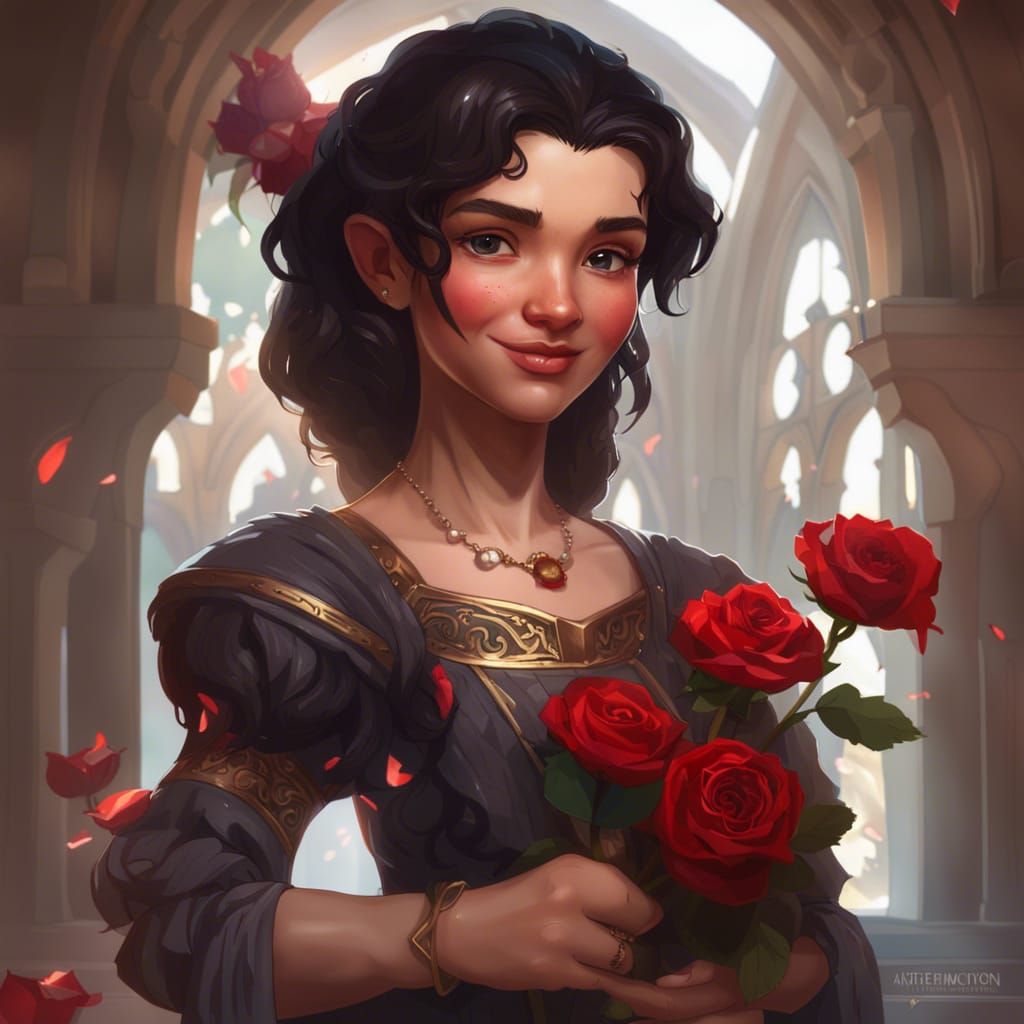 Halfling Portrait with Rose, Detailed Fantasy Art