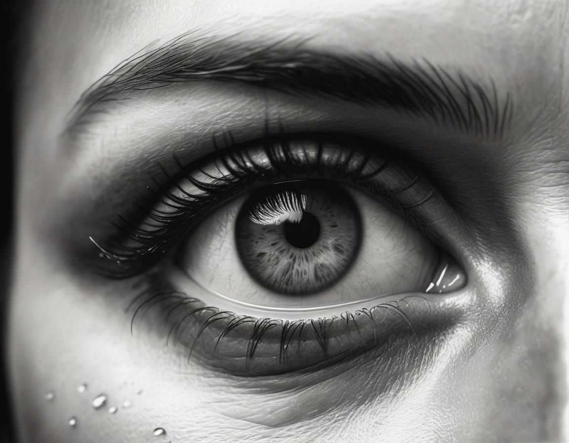 Realistic Eye with Teardrop in Photorealistic Pencil Drawing...