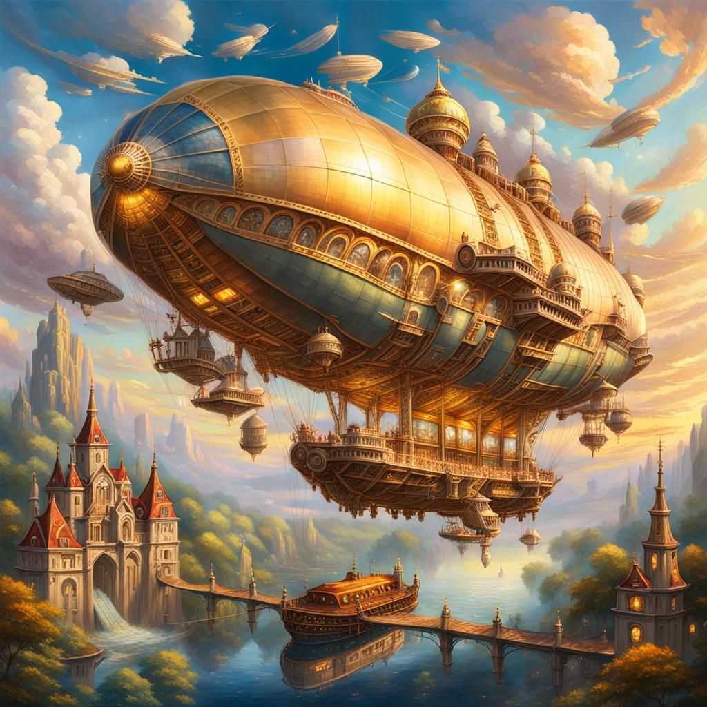 Surreal Fantasy Airship Floats Majestically Through Golden S...