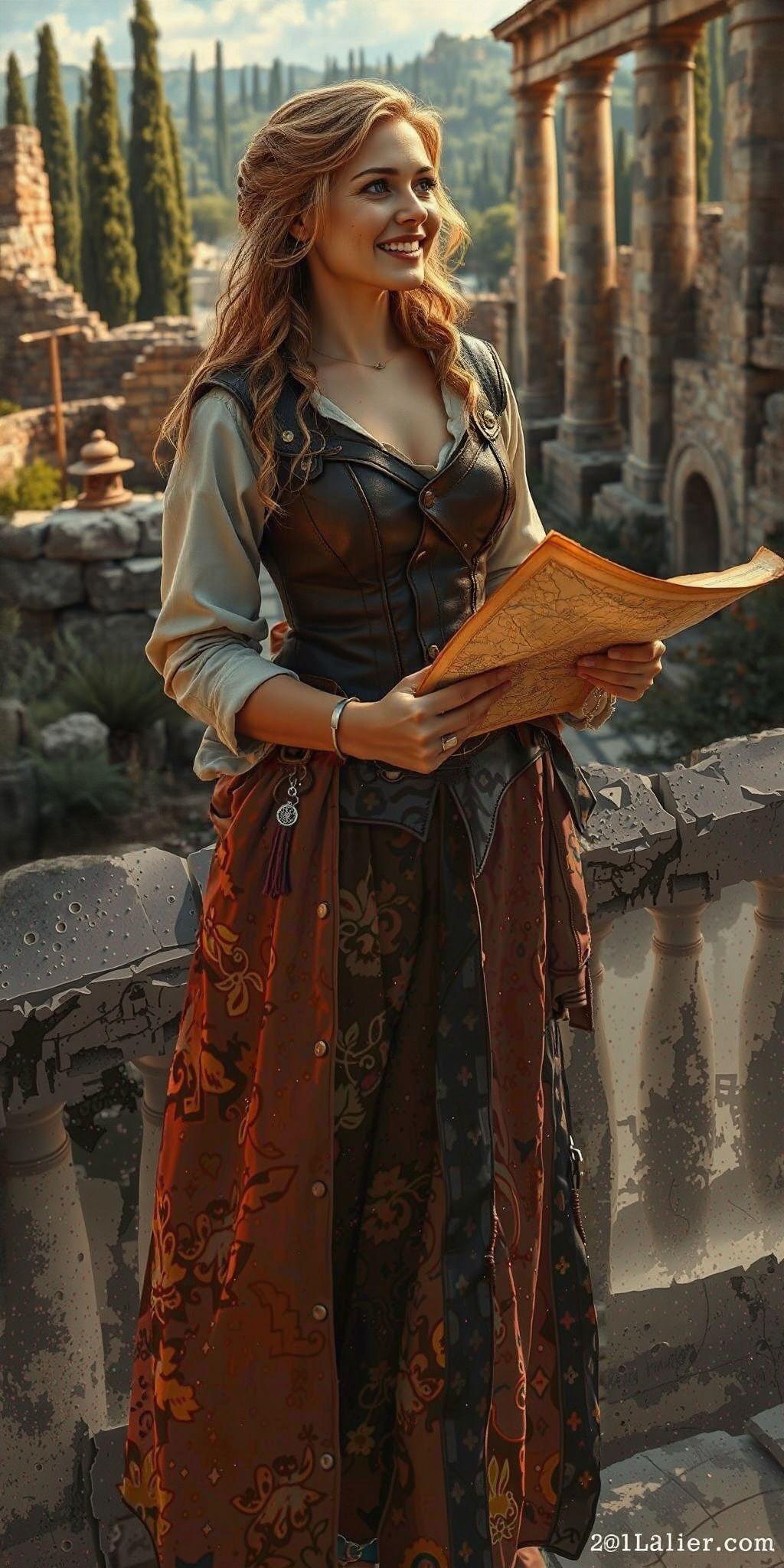 Archaeologist in Ancient Ruins, Hyperrealistic Splash Art