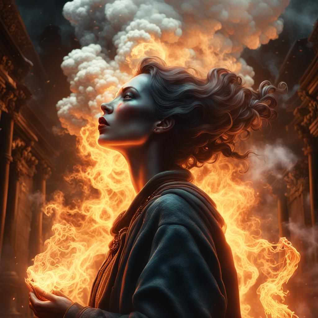 Woman Experiencing Spontaneous Combustion: Dark Fantasy Art