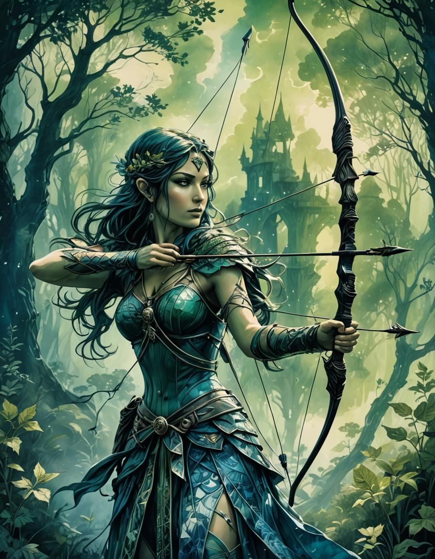 Artemis the Archer in Ethereal Cyanotype Landscape