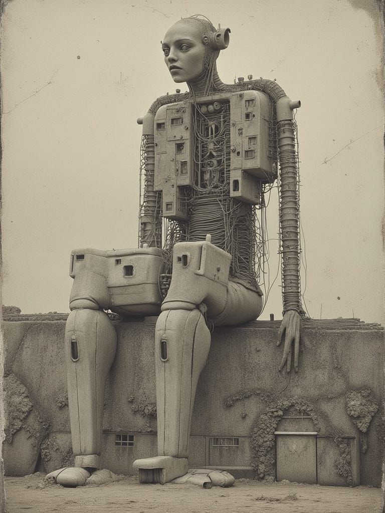 Giant Cracked Mechanical Man in Desolate Atomic City
