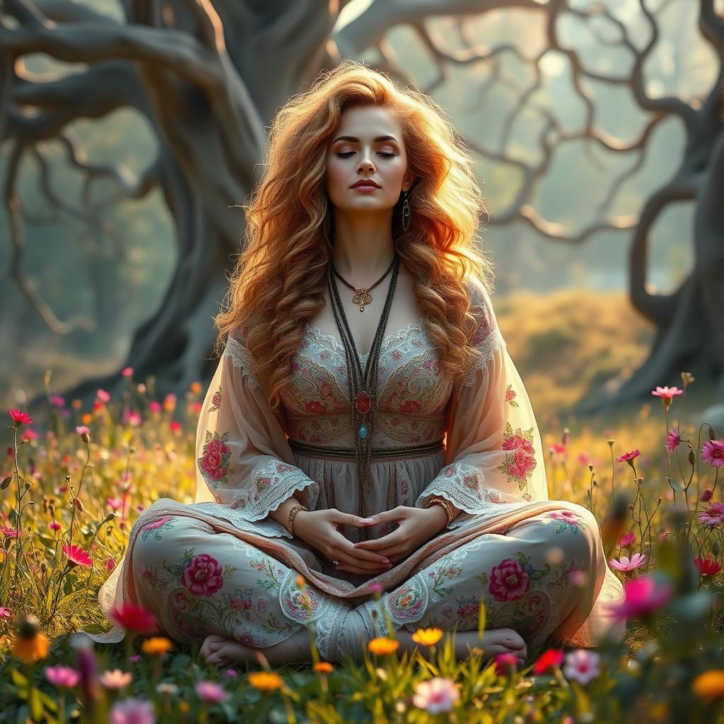 Bohemian Woman Meditating in Enchanted Meadow