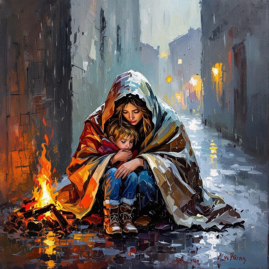 Mother and Child in Warehouse Alley, Van Gogh Style