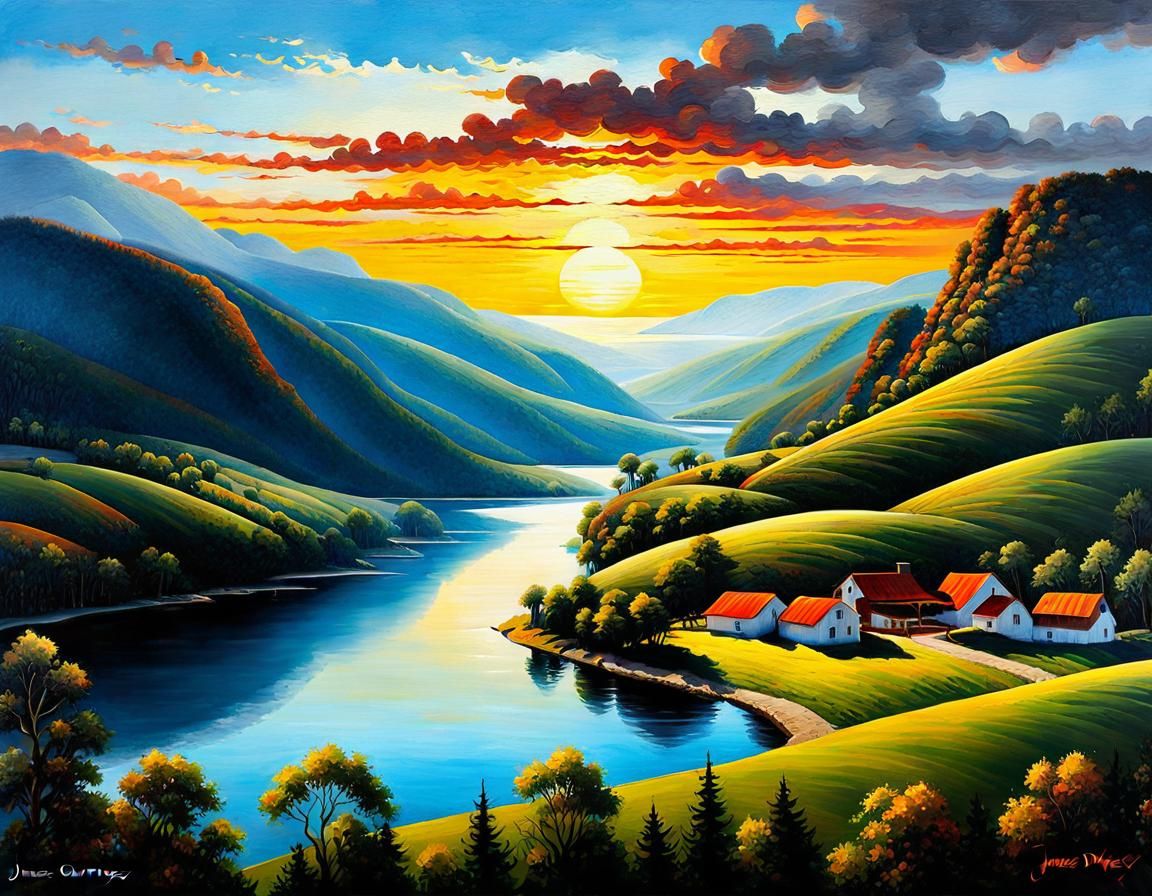 Foothills Landscape with River and Cabin in Watercolor