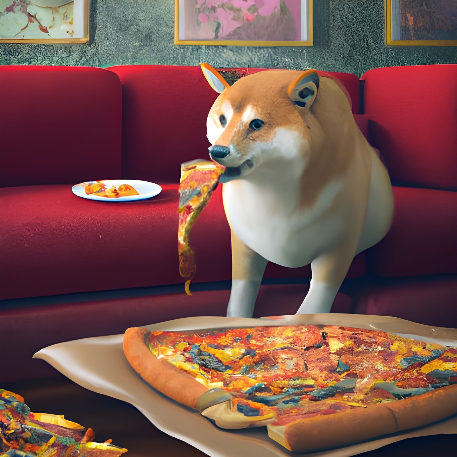 Shiba Inu on Pizza Sofa: Digital Matte Painting
