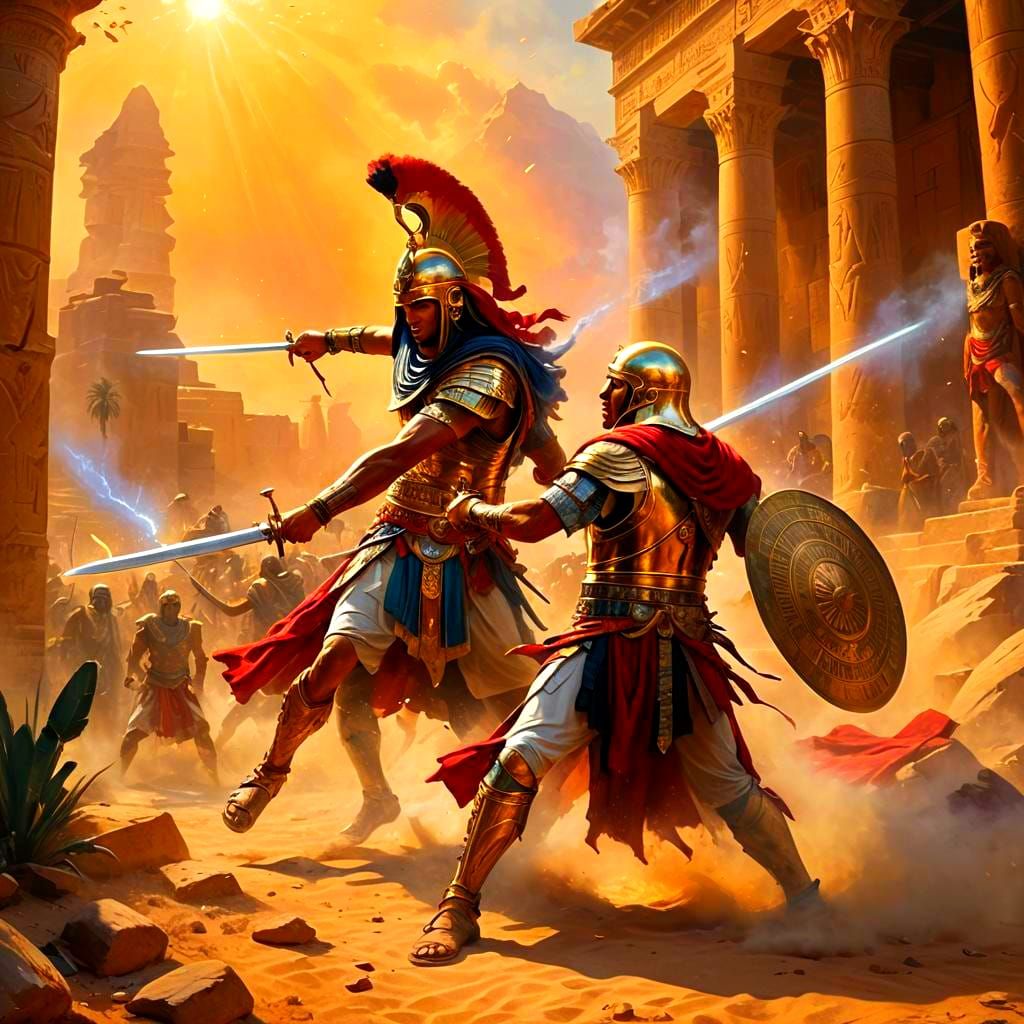 Egyptian Warrior Defeats Roman in Desert Battle