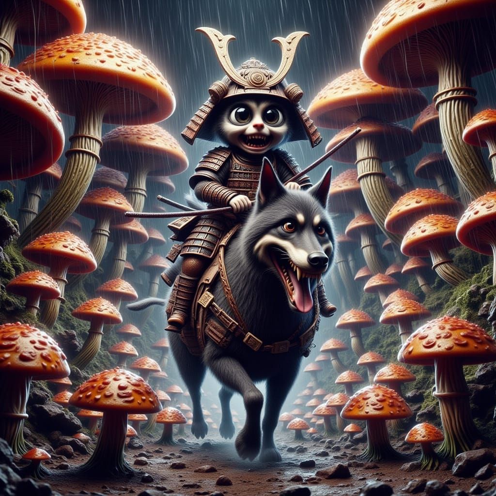 Adorable Samurai Rides Akita Through Vibrant Mushroom Forest...