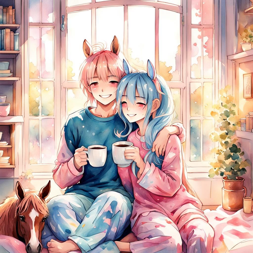 Whimsical Anime Siblings Share a Cozy Morning Moment in Past...