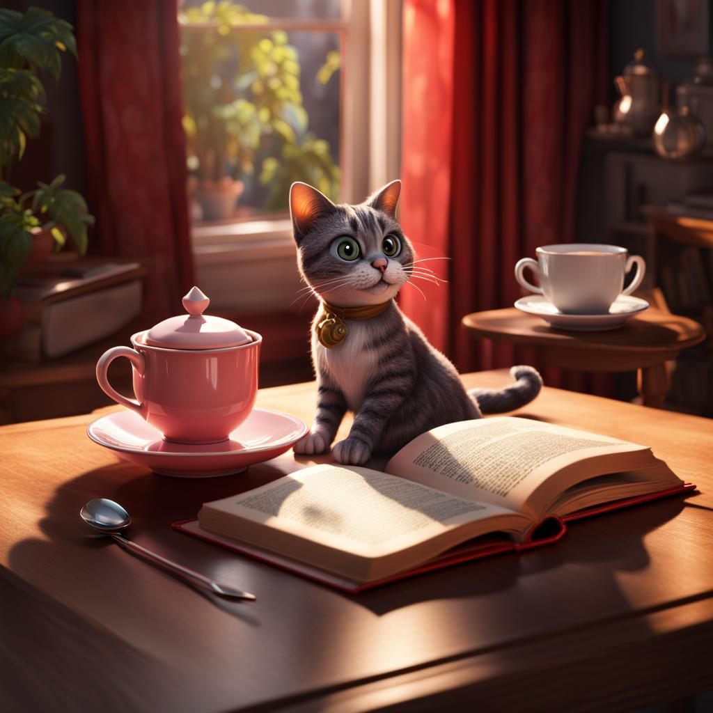 Cozy Afternoon Scene with Tea, Book, and Cat