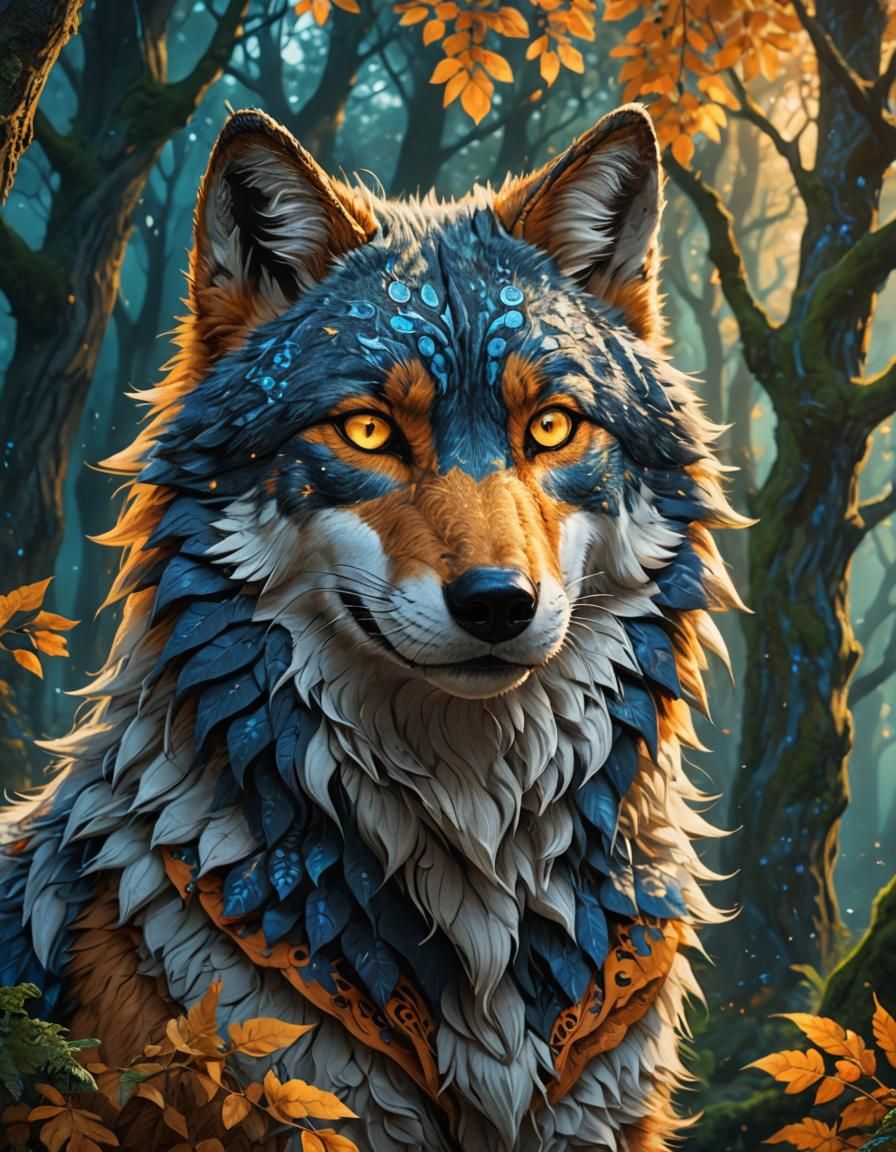 Majestic Wolfox Portrait in Mystical Forest