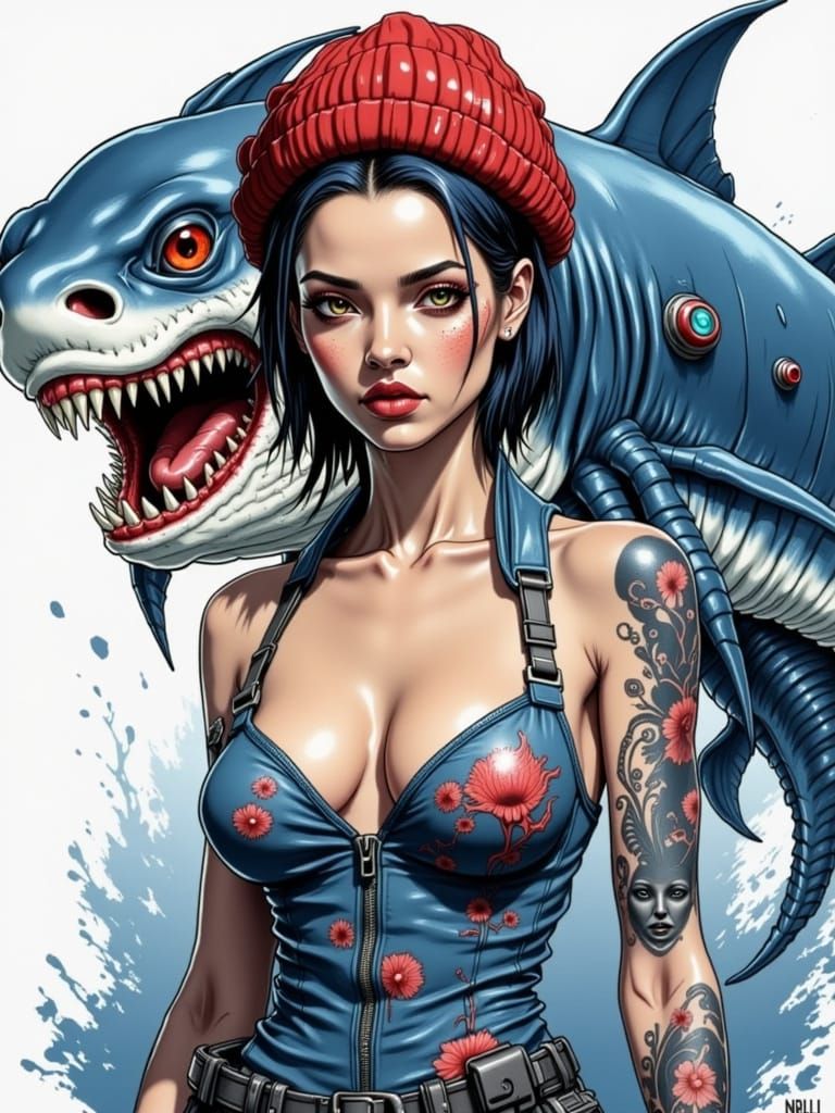 Pinup Woman Faces Giant Anglerfish in Ink Watercolor