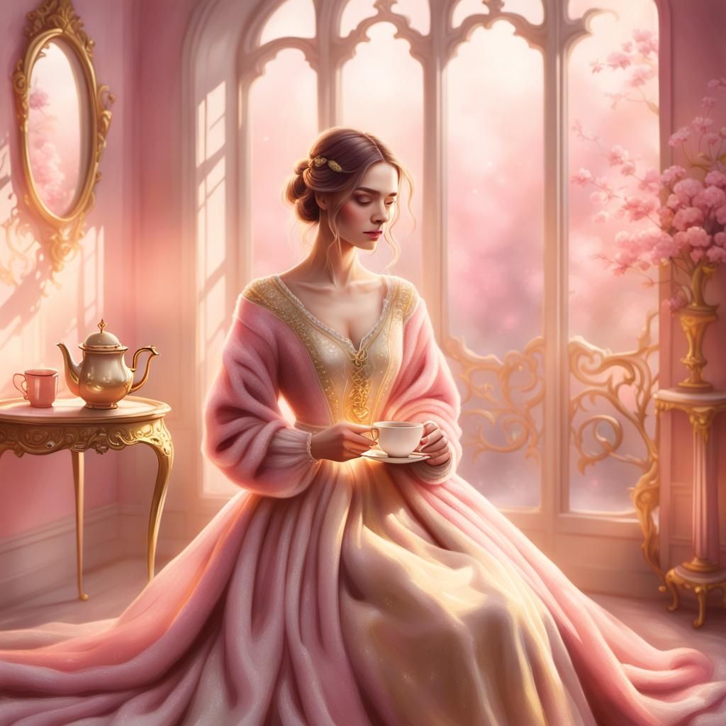 Girl with Tea in Dreamy Room: Whimsical Art