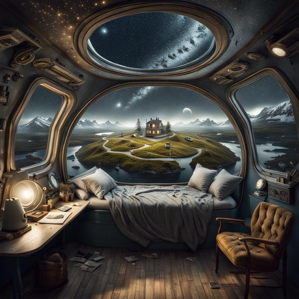 Cozy Hipster Spaceship Interior at Night