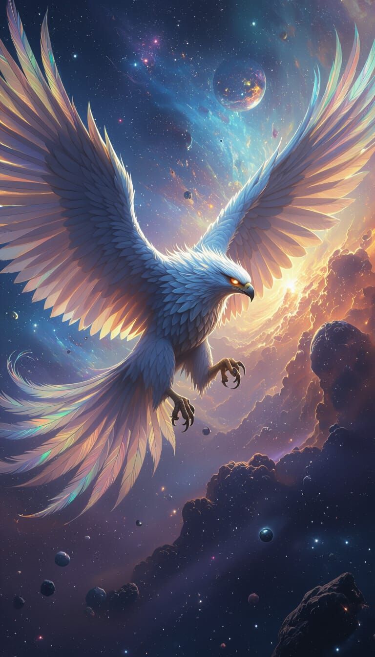 Majestic Griffin Soars Through Cosmic Nebula Sky