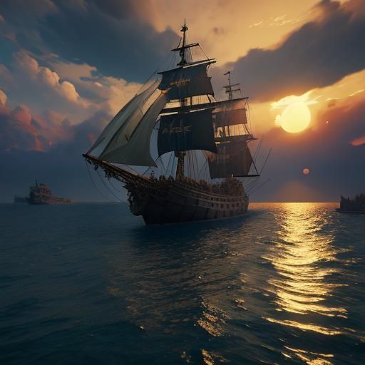 Pirates and Captain Sailing at Sunset in 3D