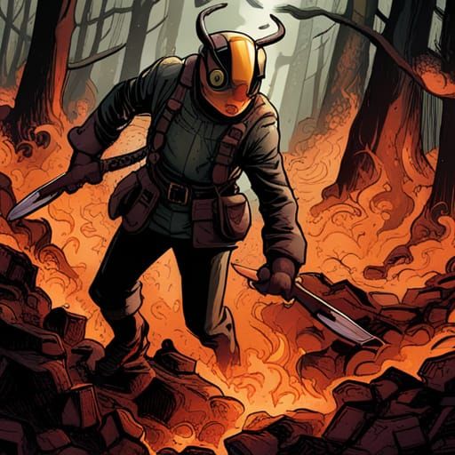 Armored Hornet in Burning Autumn Forest: Comic Art