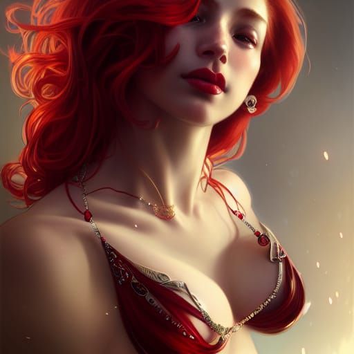 Red-Haired Goddess with Ruby Necklace, Hyperdetailed Portrai...