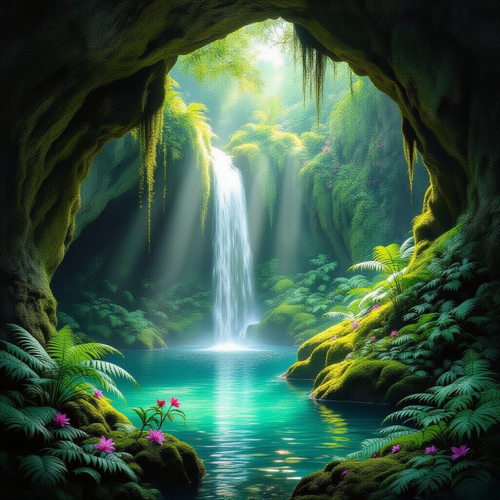 Ethereal Grotto with Waterfall in Art Nouveau Style