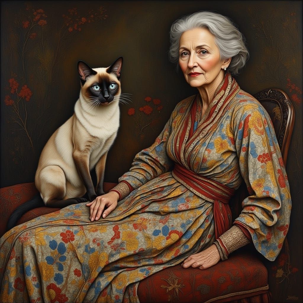 Regal Siamese Cat and Elegant Woman Portrait
